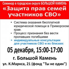 В Большом Камне пройдет семинар цикла "Защита прав участников СВО и их близких в Приморском крае"